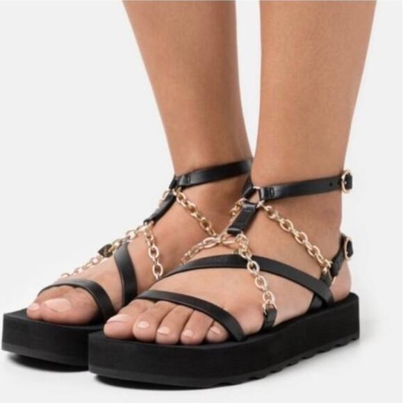 NEW Maje Frankie Chain Trimmed Charm Black Leather Platform Sandal - Picture 3 of 13